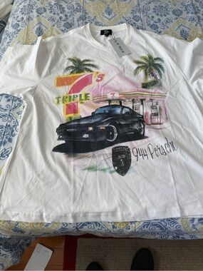 Triple 7 White Graphic Tee Black 944 Porsche and Retro Gas Station Print